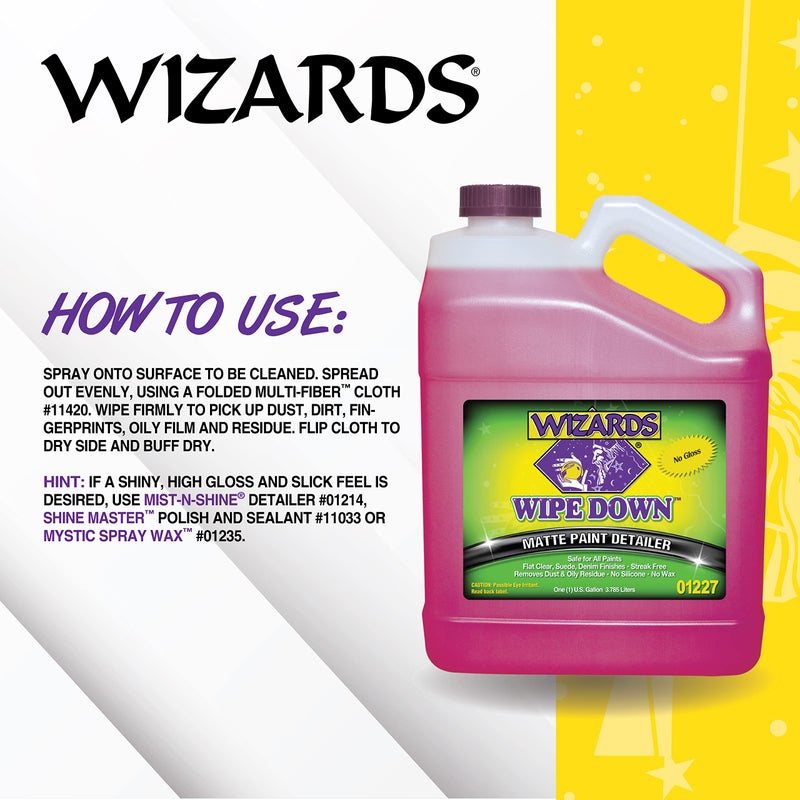 ويزاردز Wizards Wipe Down Spray - غلاف طلاء بخاخ غير لامع للسيارات - لوازم تفصيلية تلقائية للتشطيبات المسطحة والجلد المدبوغ والدنيم - يزيل الغبار والبقايا الزيتية - آمن لجميع الدهانات - 1 جالون - Image 3